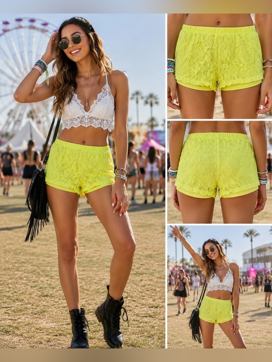 Forever 21 Pants - Forever 21 Neon Lace Shorts Small Lime Green Elastic Waist Summer Festival